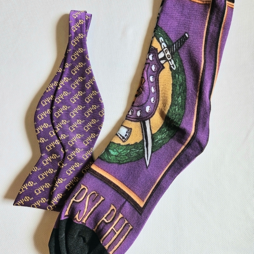 Omega Purple and Gold Bowtie and Sock Set